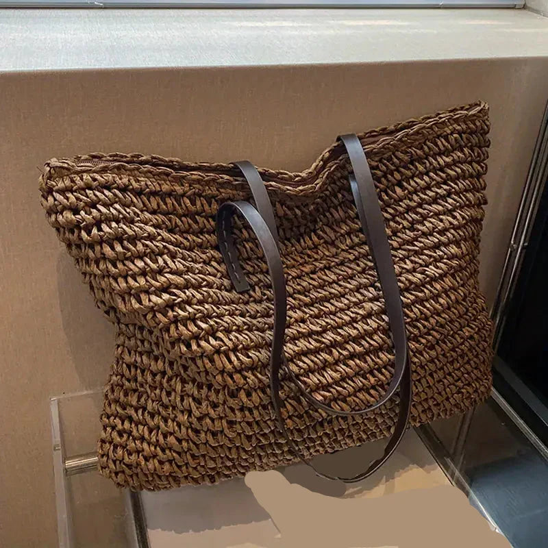 Oversized woven straw beach tote bag in coffee