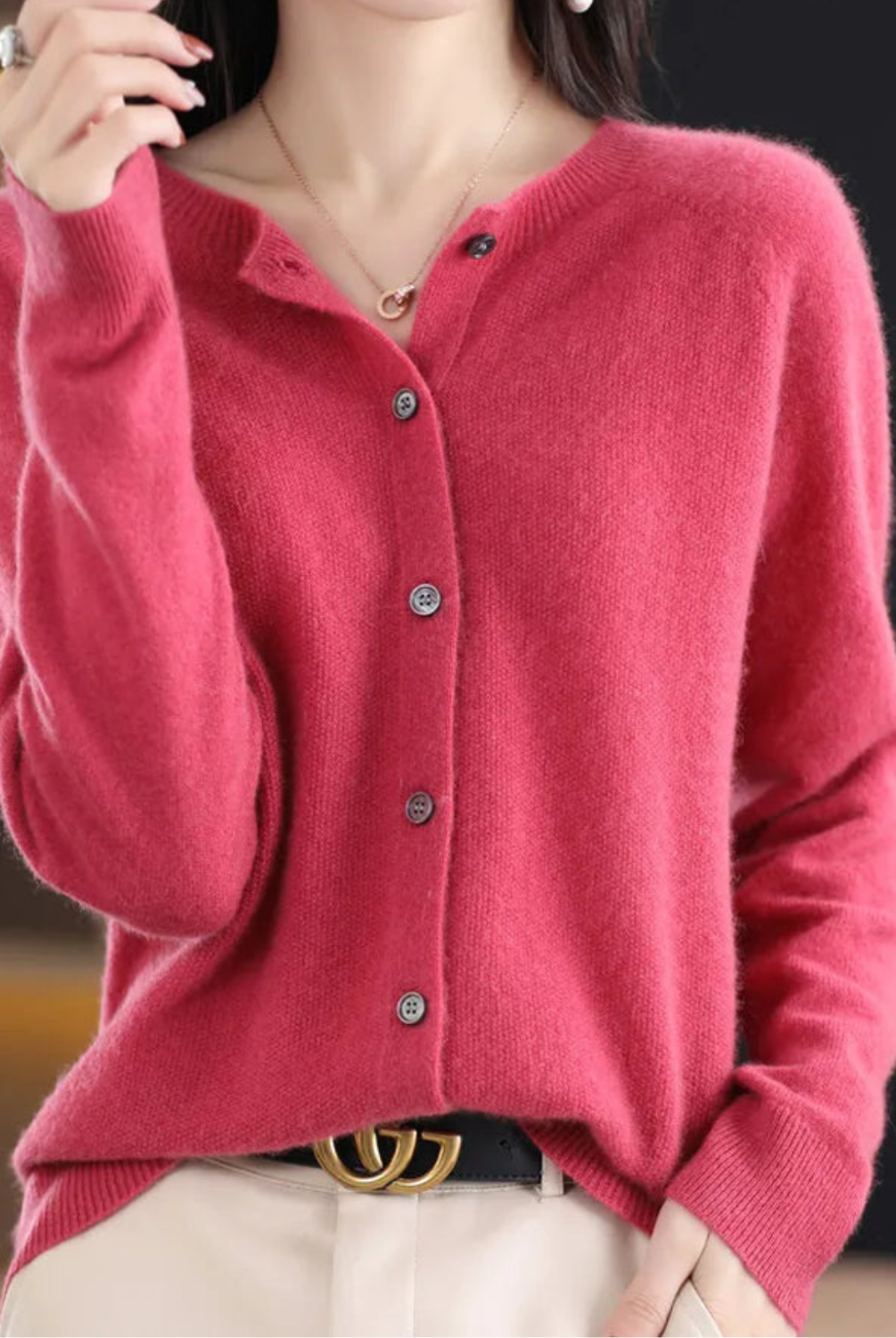 Open front cashmere knit cardigan in dark pink