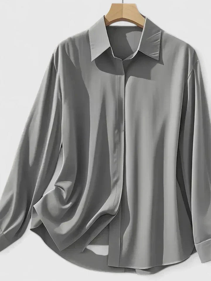 Fall Hidden Placket Curved Hem Long Sleeve Shirt for Women