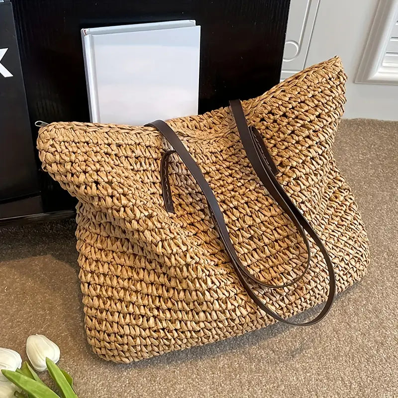 Oversized woven straw beach tote bag, view 4