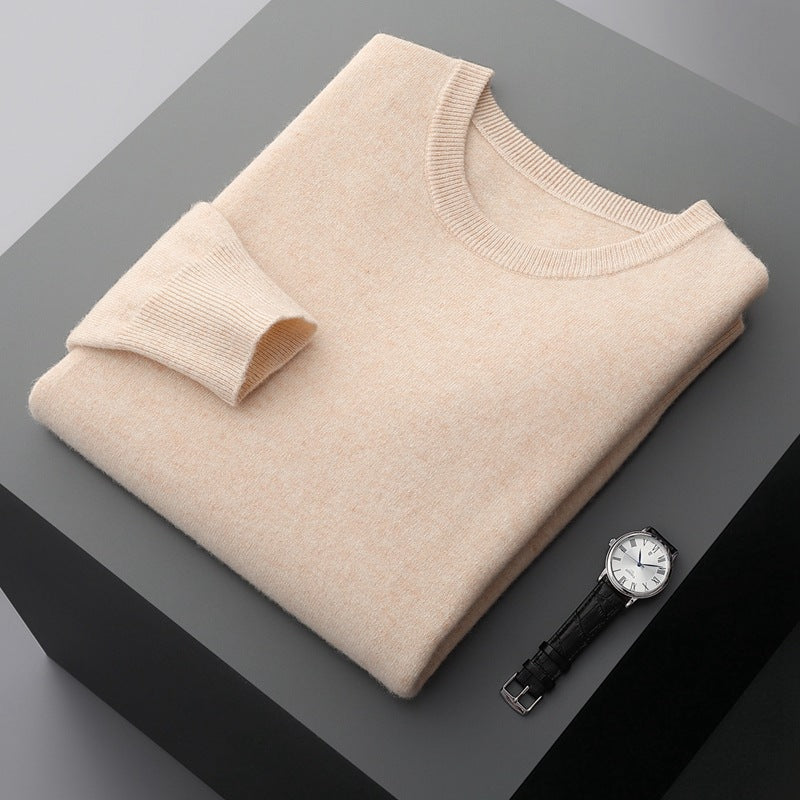 Fall Cashmere Feel Knit Crew Neck Sweater for Men in Beige