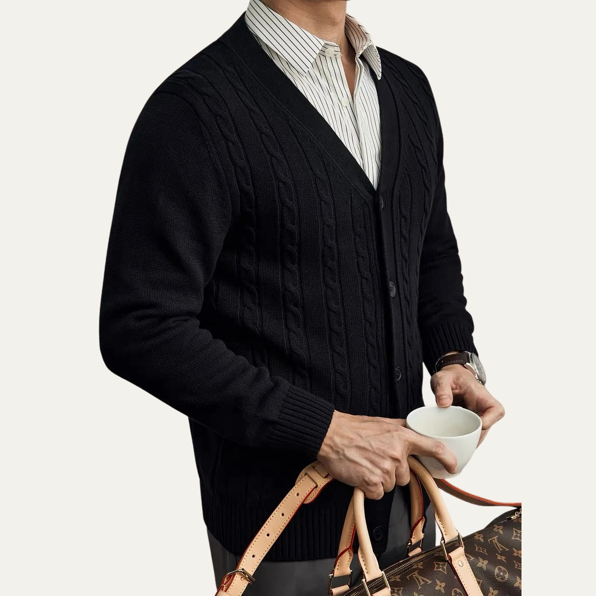 Fall Narrow Cable Knit Button Front Cardigan for Men in Black