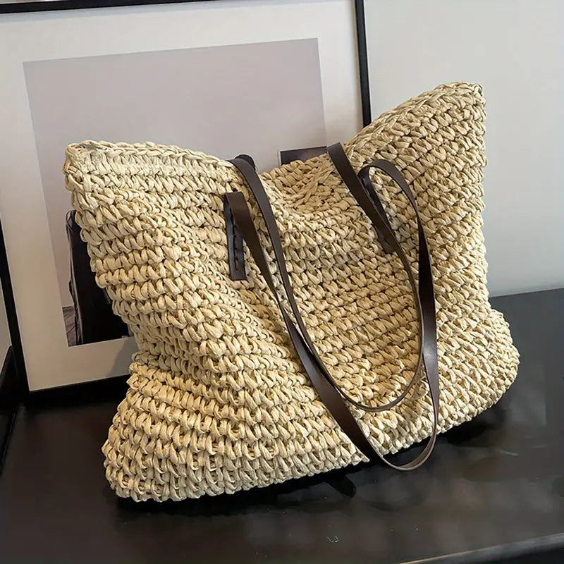 Oversized woven straw beach tote bag in beige