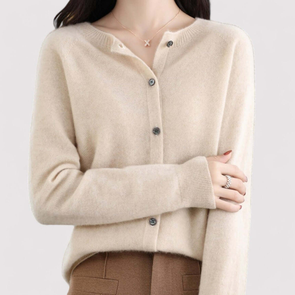 Fall Soft Brushed Fine Knit Crewneck Button Cardigan for Women in Khaki