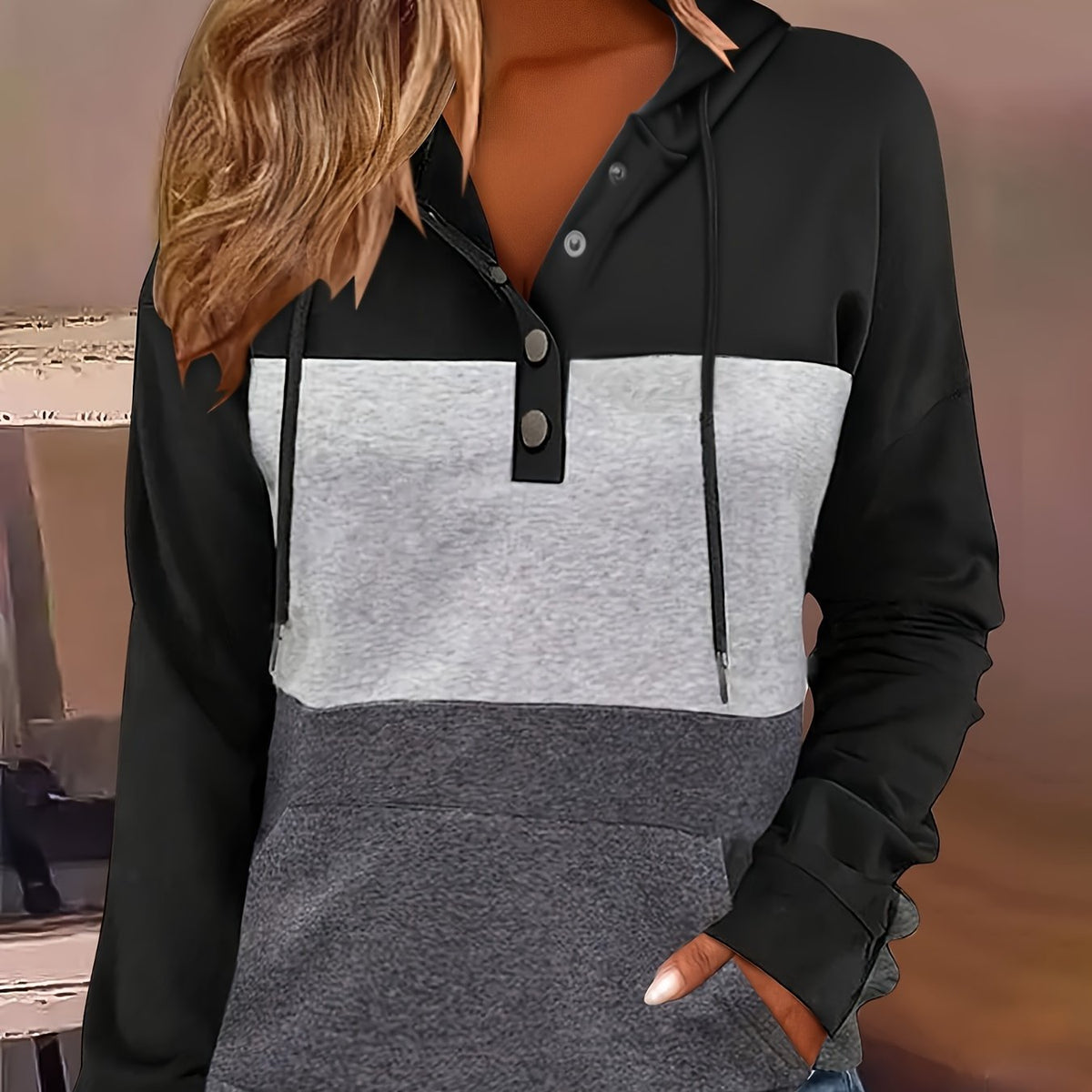 Hoodie Womens Colour Block Button Neck Pullover Soft Fleece Warm