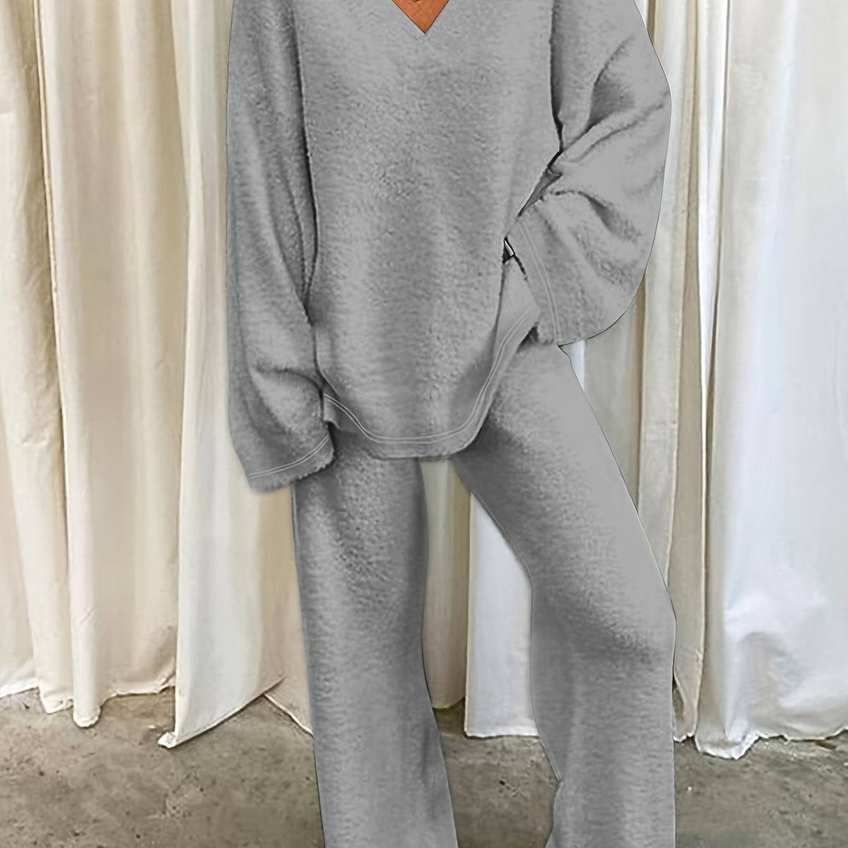 Lounge Set Womens Two Piece V Neck Top Wide Leg Trouser Soft Knit