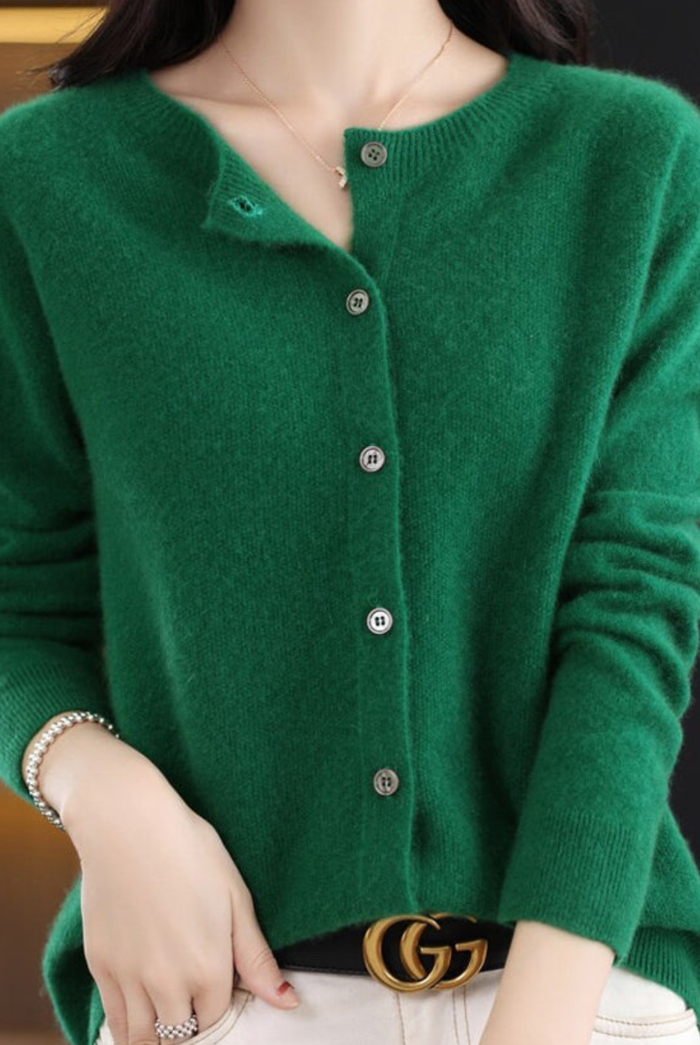 Open front cashmere knit cardigan in dark green