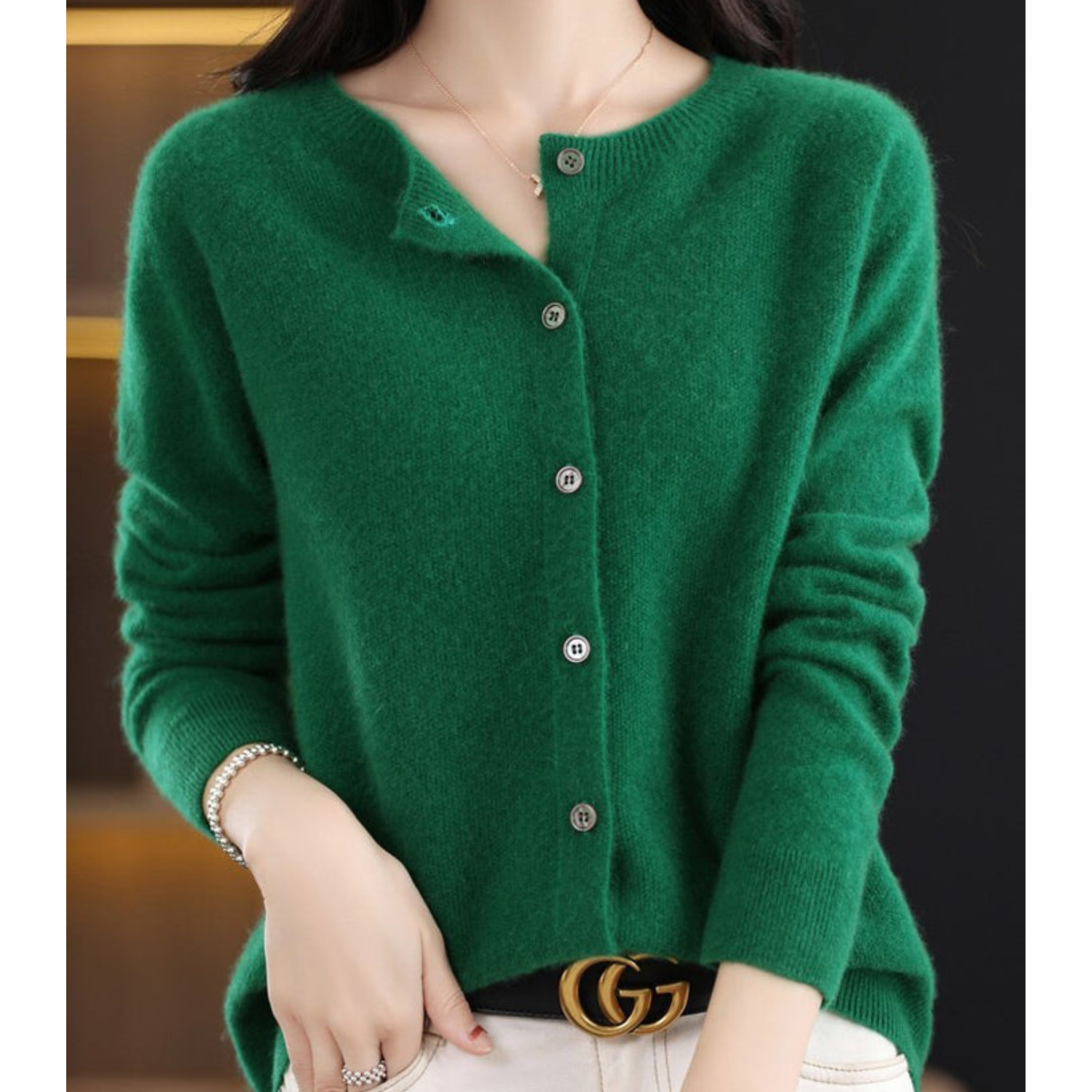 Open front cashmere knit cardigan in dark green