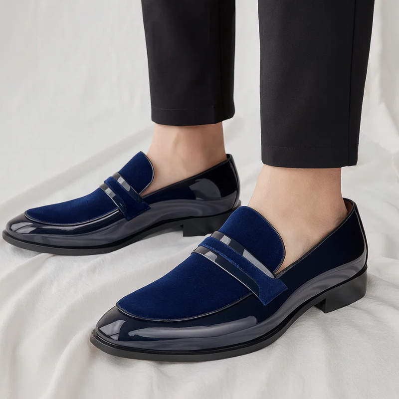 Polished leather suede panel penny loafer, view 2