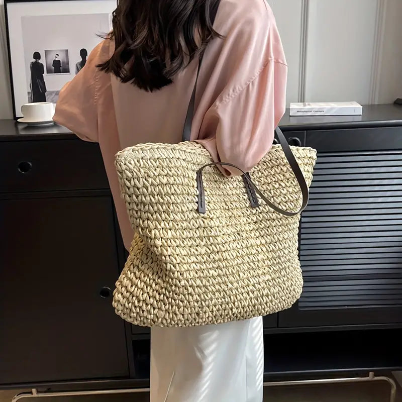 Oversized woven straw beach tote bag, view 11