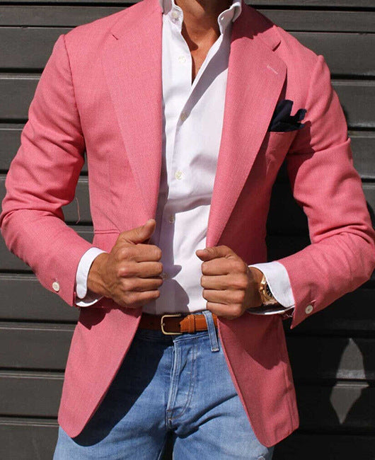 Fall Slim Fit Plaid Two Button Suit Blazer for Men in Coral Pink