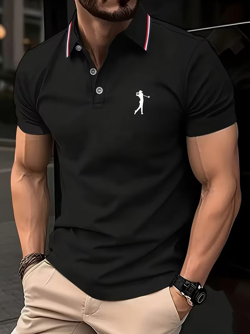 Printed short sleeve golf shirt in black