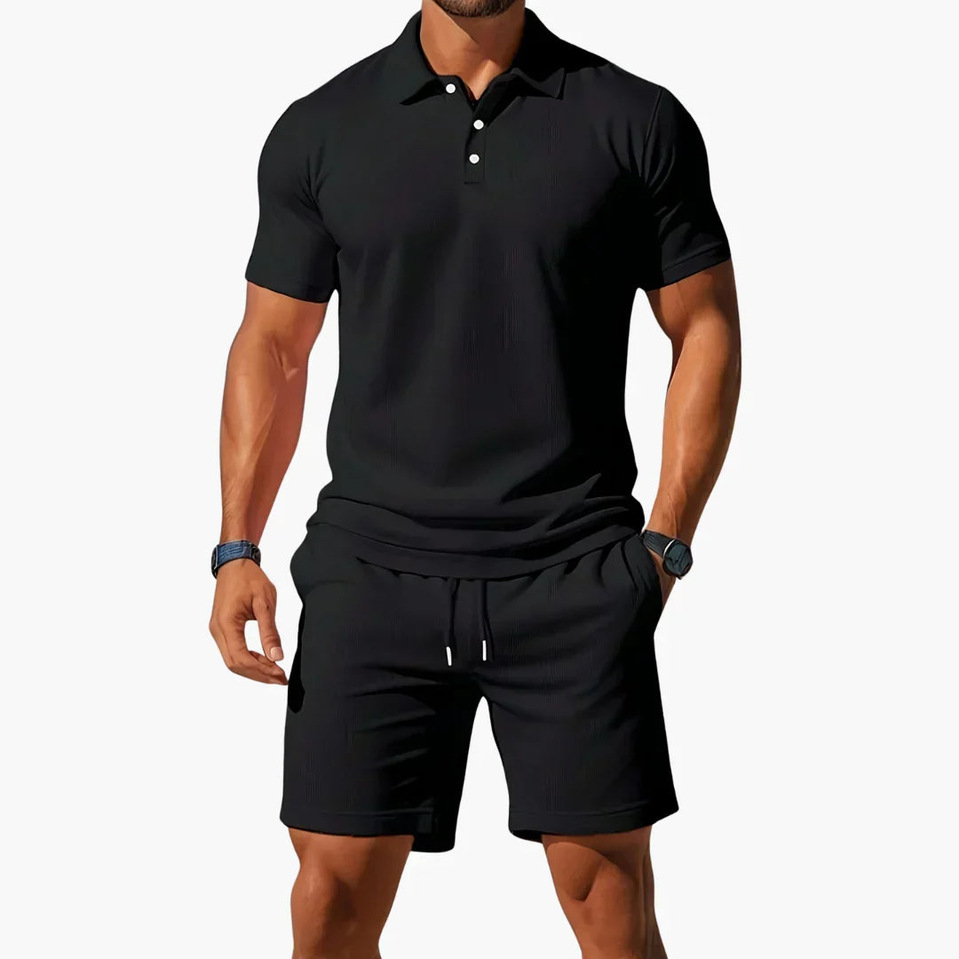Tailored polo and streamlined shorts set in black