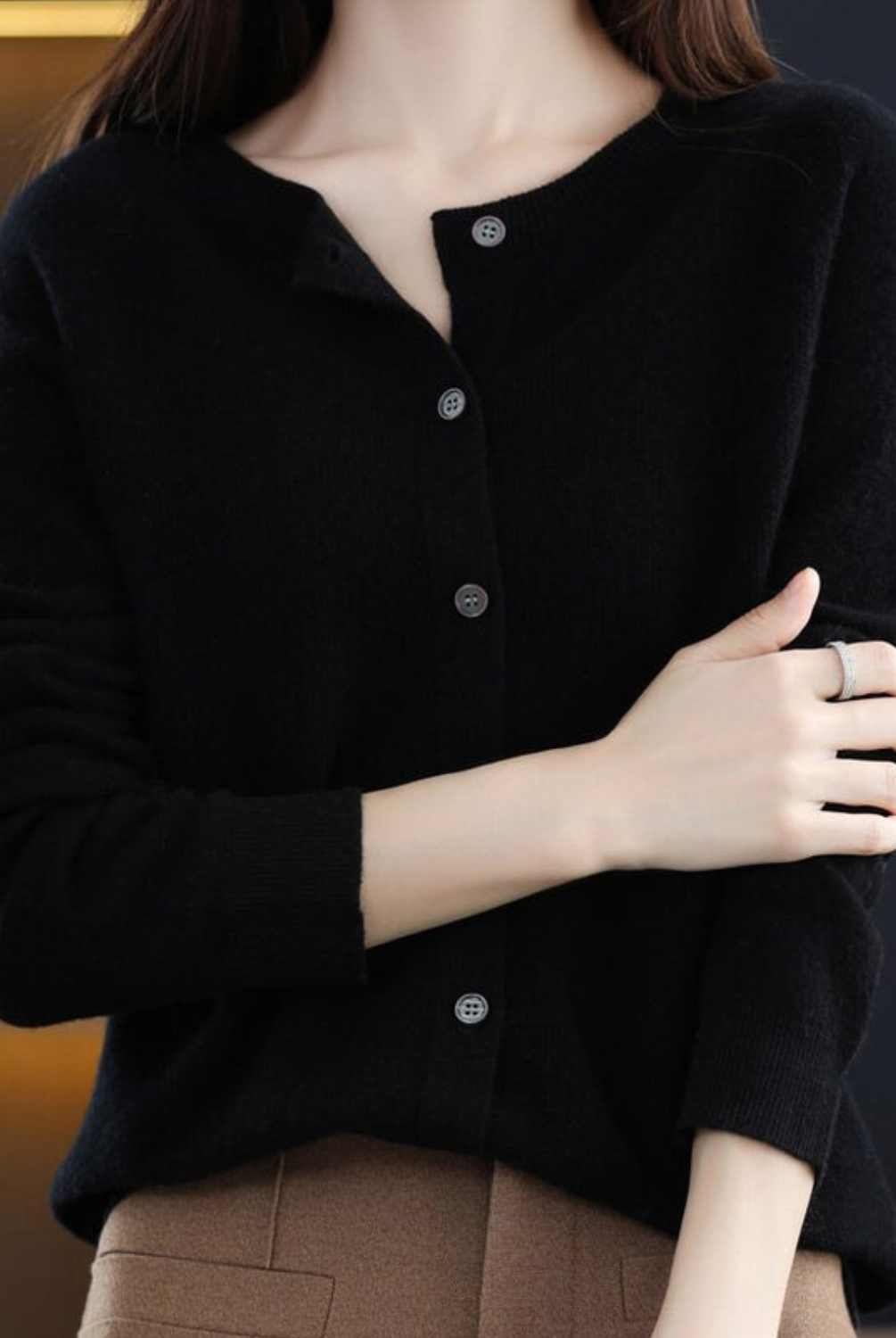 Open front cashmere knit cardigan in black