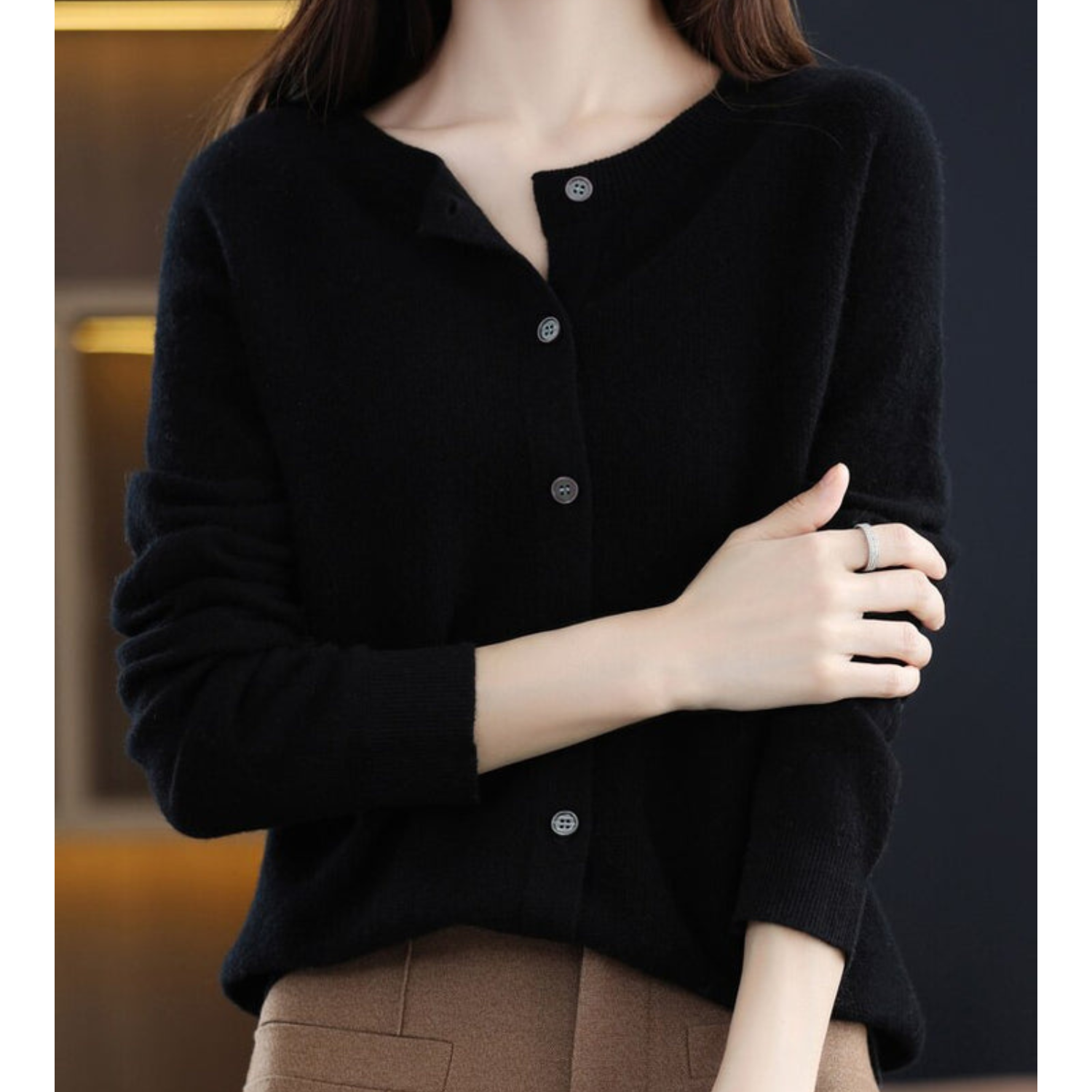Open front cashmere knit cardigan in black