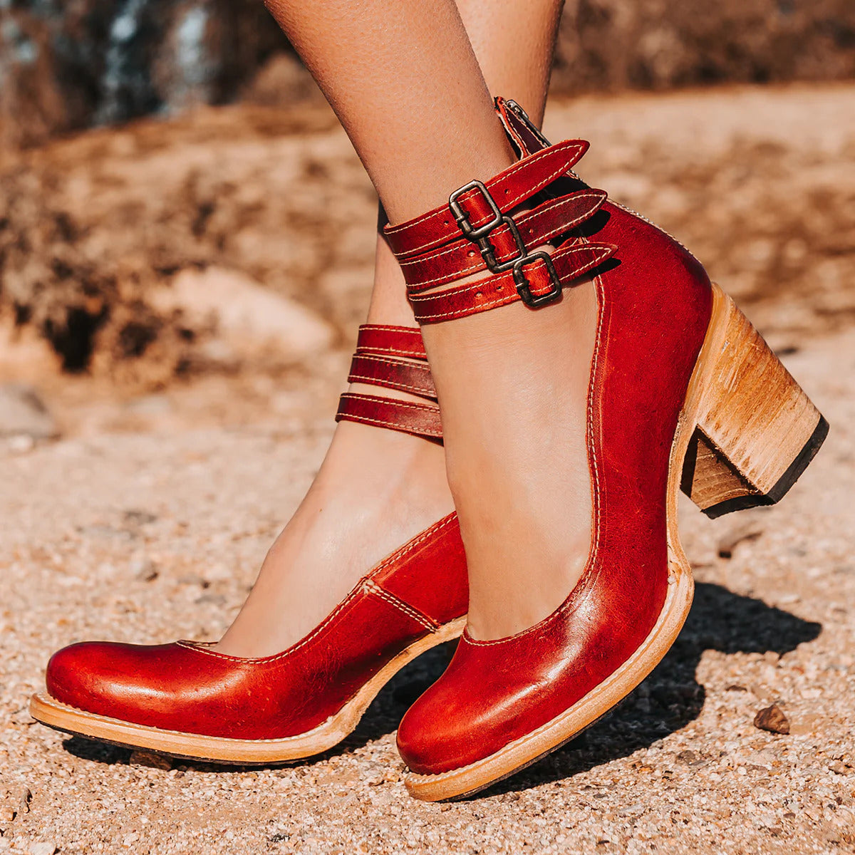 Classic ankle strap block heel in red