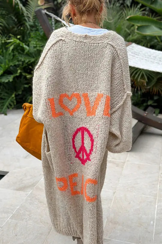Oversized printed boho knit cardigan in beige
