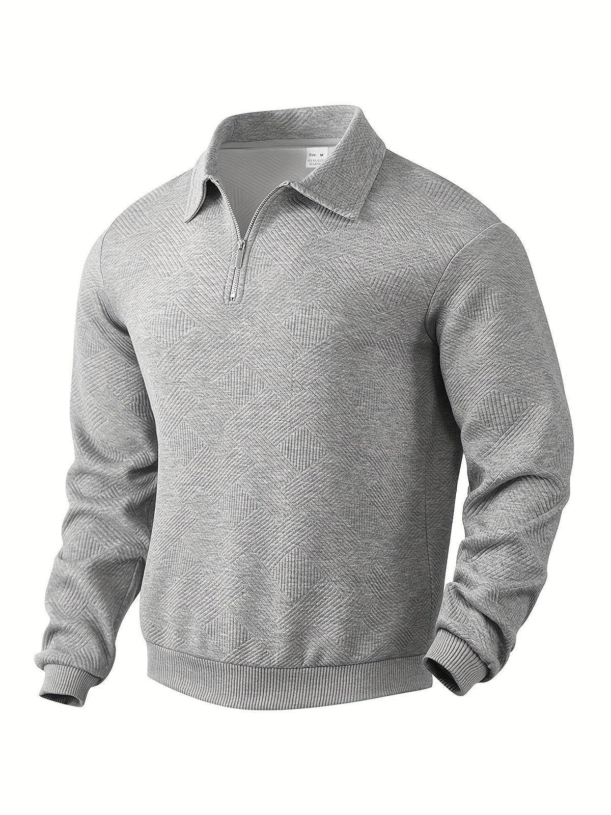 Fall Textured Geometric Polo Collar Quarter Zip Sweater for Men in Gray