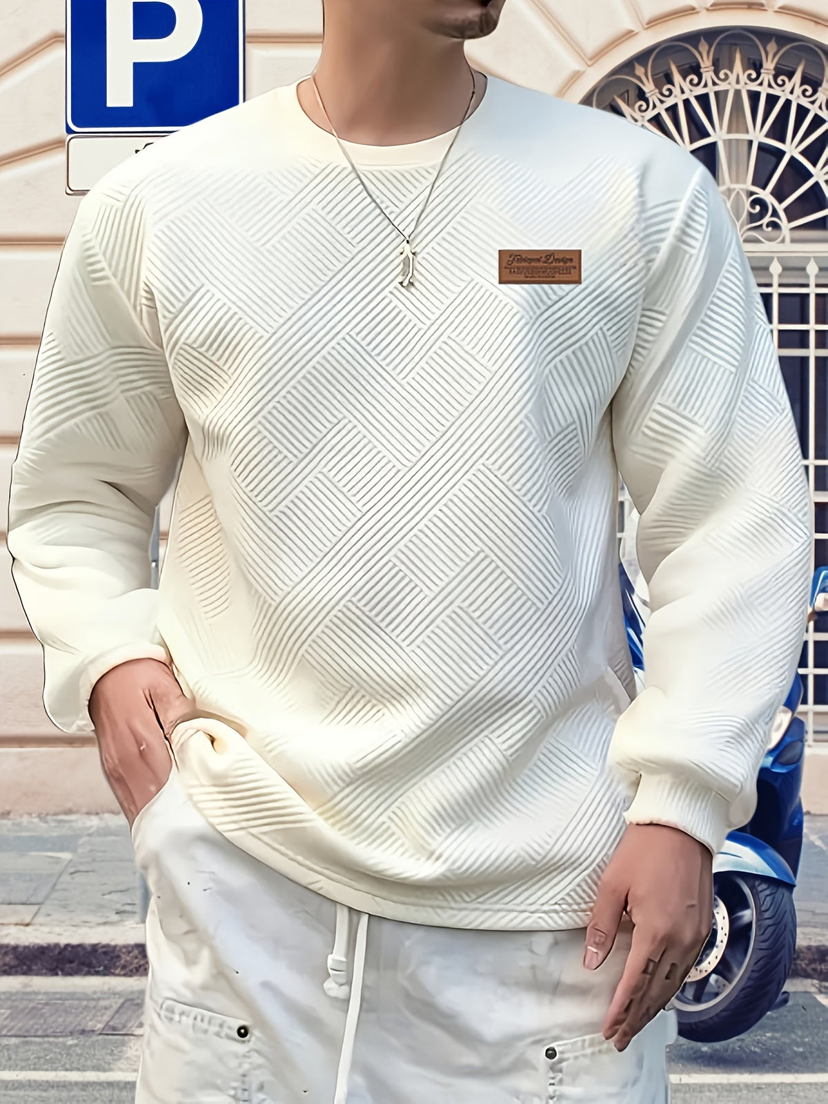 Sweatshirt Mens Crew Neck Textured Pullover Ribbed Trim Everyday