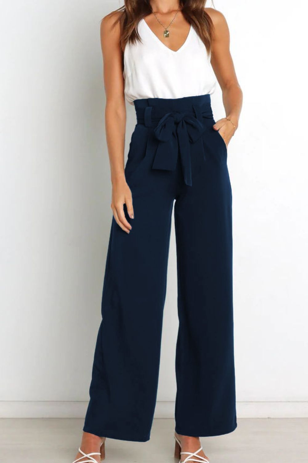 High waist paperbag pant with bow detail in marine
