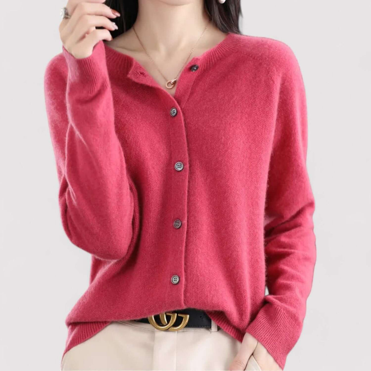 Fall Soft Brushed Fine Knit Crewneck Button Cardigan for Women in Dark Pink
