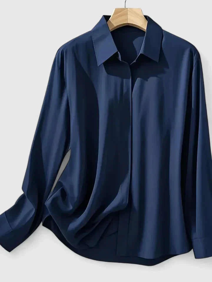 Fall Hidden Placket Curved Hem Long Sleeve Shirt for Women