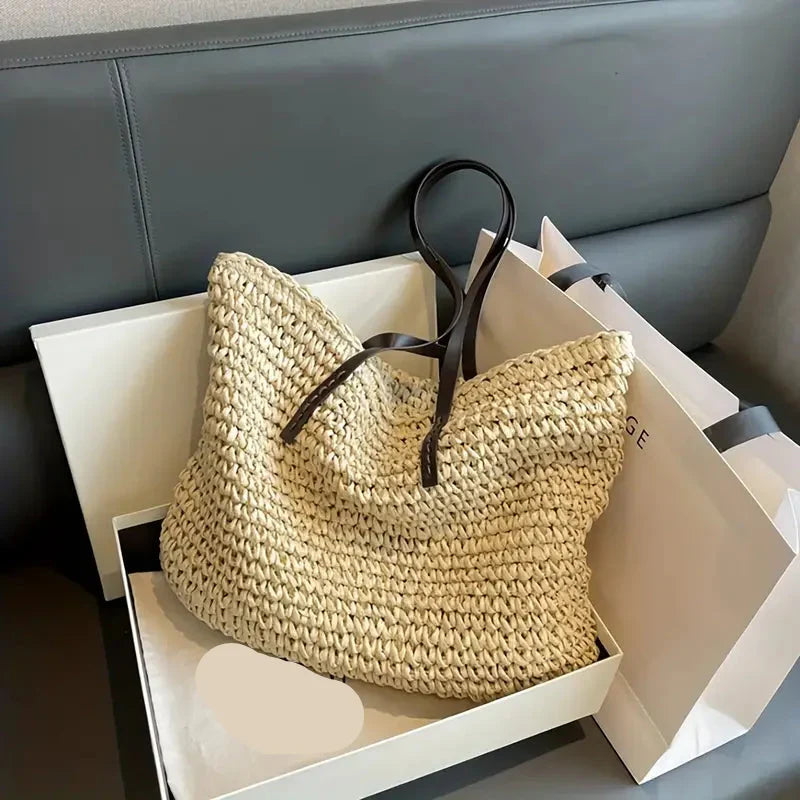 Oversized woven straw beach tote bag, view 12