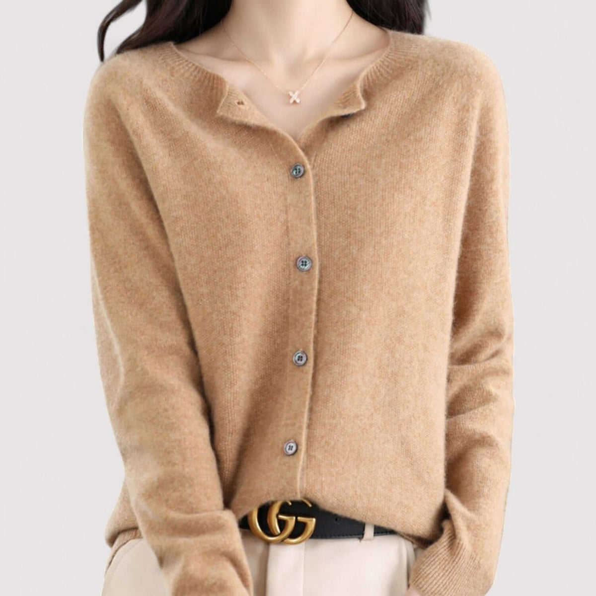 Fall Soft Brushed Fine Knit Crewneck Button Cardigan for Women in Light Brown