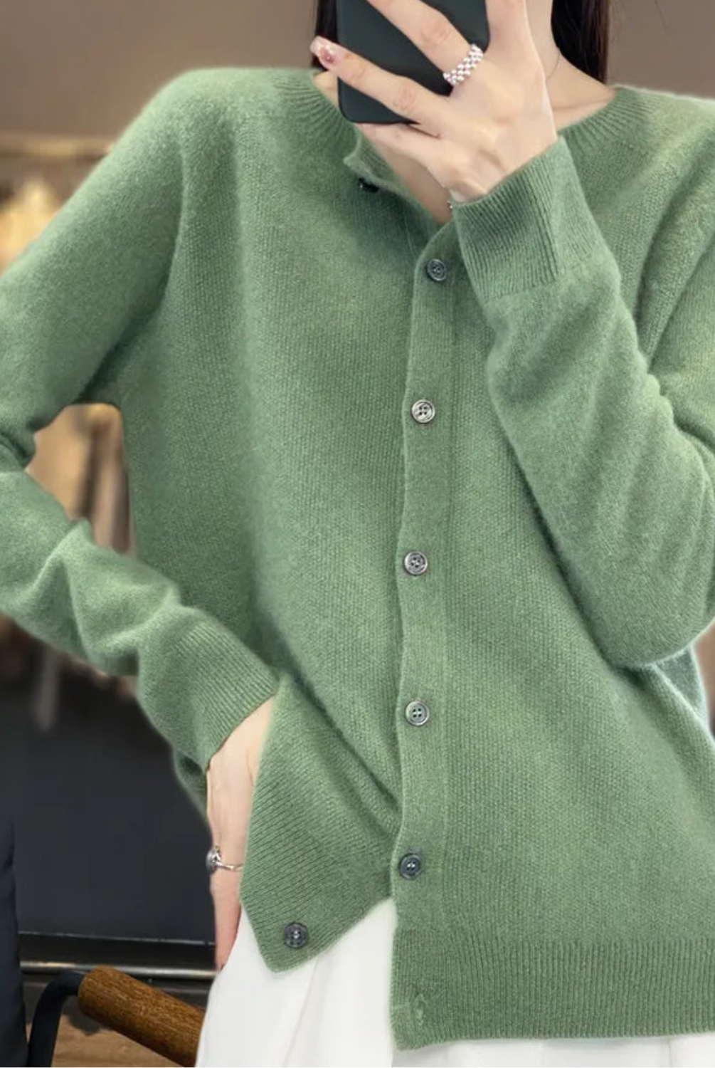 Open front cashmere knit cardigan in light green