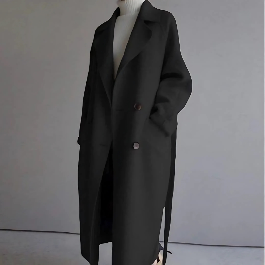 Winter Wool Feel Belted Long Wrap Coat for Women in Black