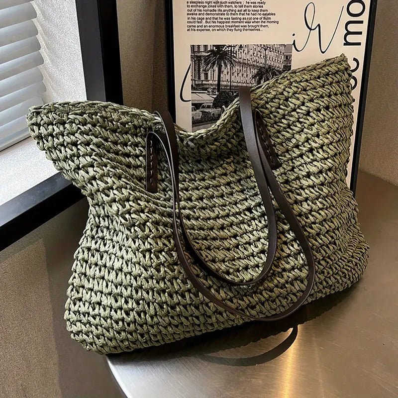 Oversized woven straw beach tote bag, view 1