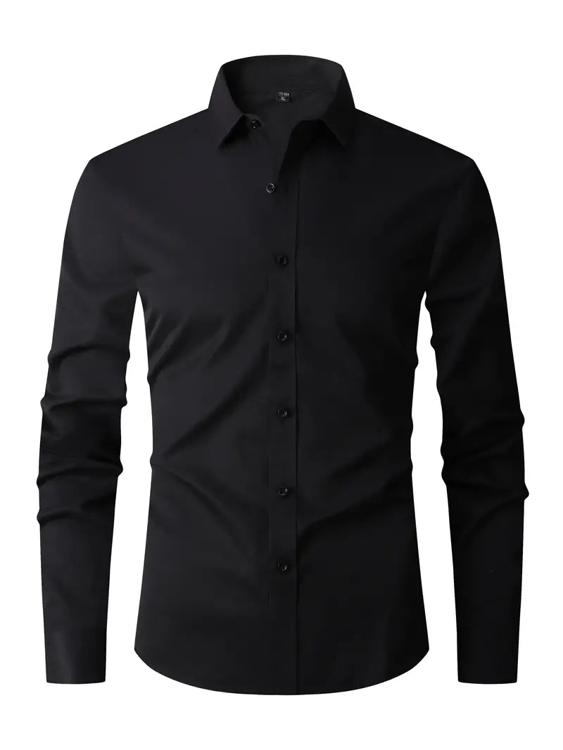 Fall Long Sleeve Semi Formal Button Up Dress Shirt for Men in Black