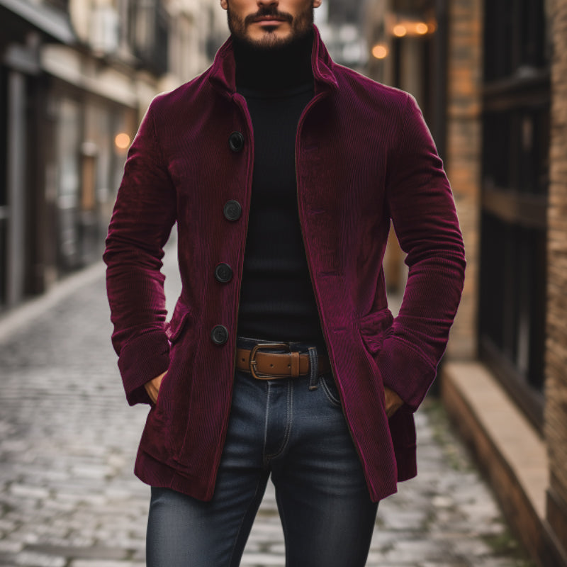 Fall Corduroy Stand Collar Button Front Short Coat for Men