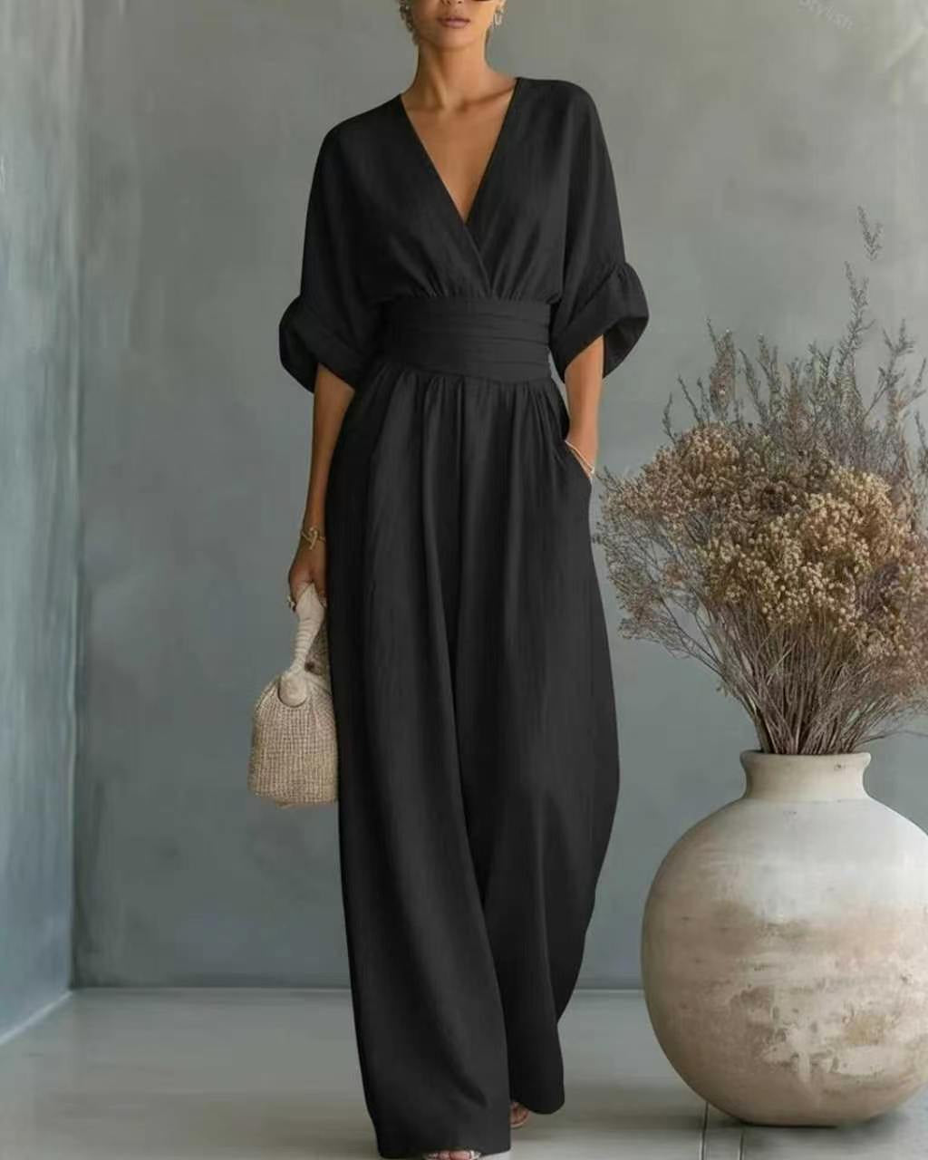 Fall V Neck High Waist Wide Leg Jumpsuit for Women in Black
