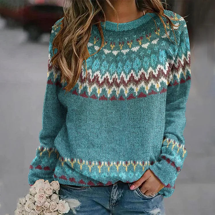 Winter Teal Fair Isle Knit Crewneck Sweater for Women