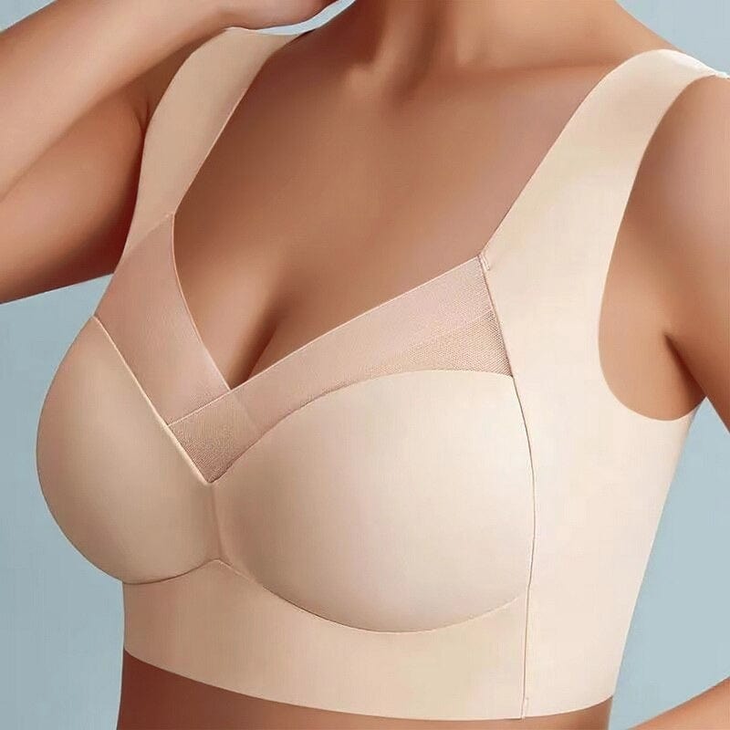 Seamless Push Up Wide Strap V Neck Bra for Women in Beige
