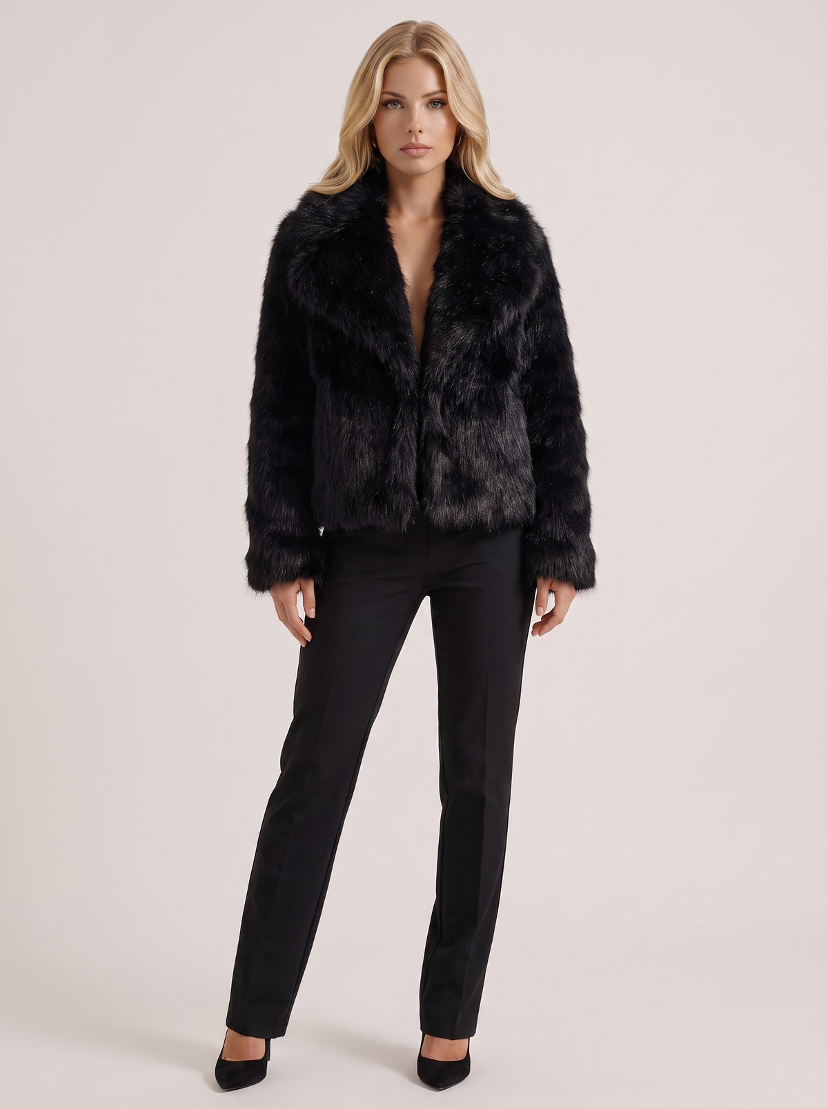 Faux Fur Jacket Womens Shawl Collar Open Front Long Pile