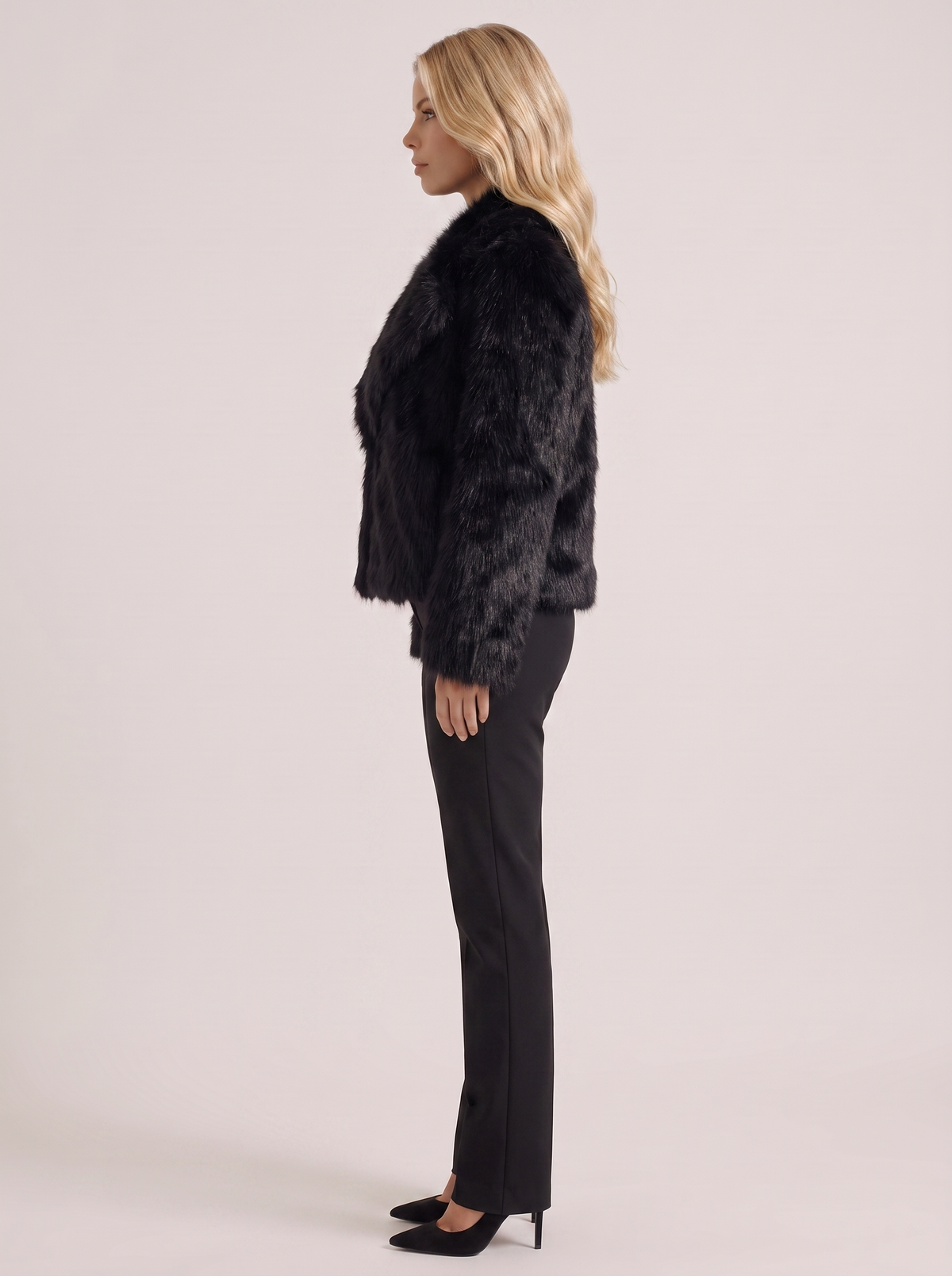 Faux Fur Jacket Womens Shawl Collar Open Front Long Pile