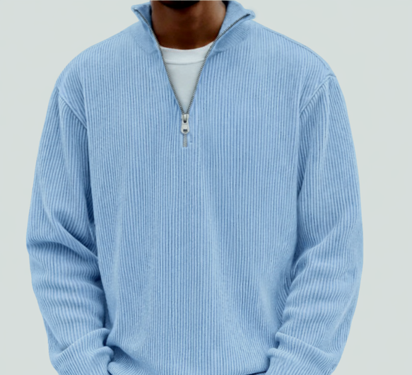 Half zip high neck textured knit sweater in blue