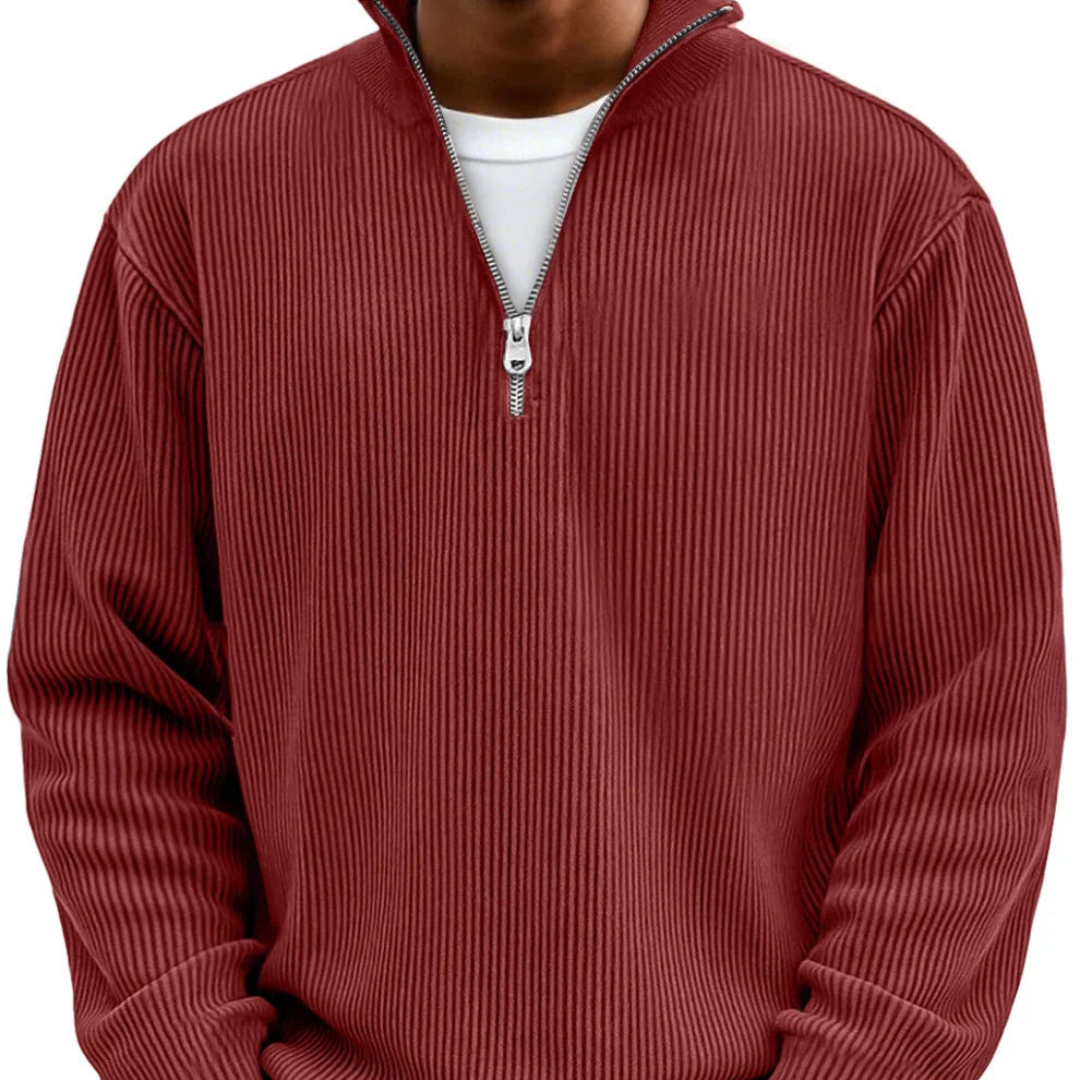 Half zip high neck textured knit sweater in red