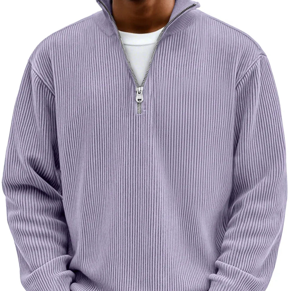 Half zip high neck textured knit sweater in purple