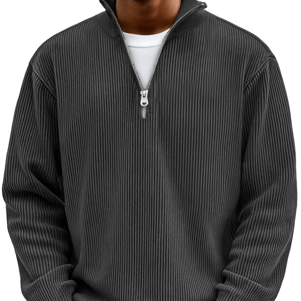 Half zip high neck textured knit sweater in black