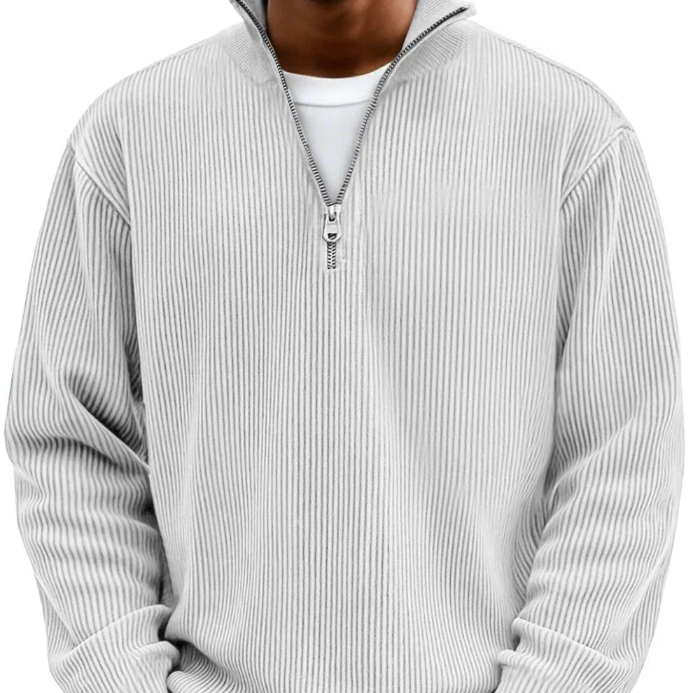 Half zip high neck textured knit sweater in white