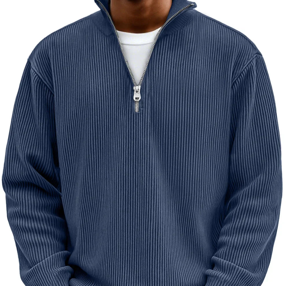 Half zip high neck textured knit sweater in navy blue