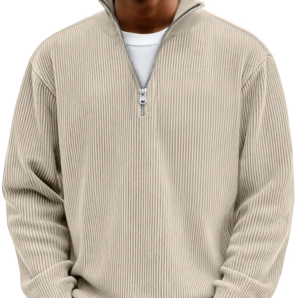 Half zip high neck textured knit sweater in khaki