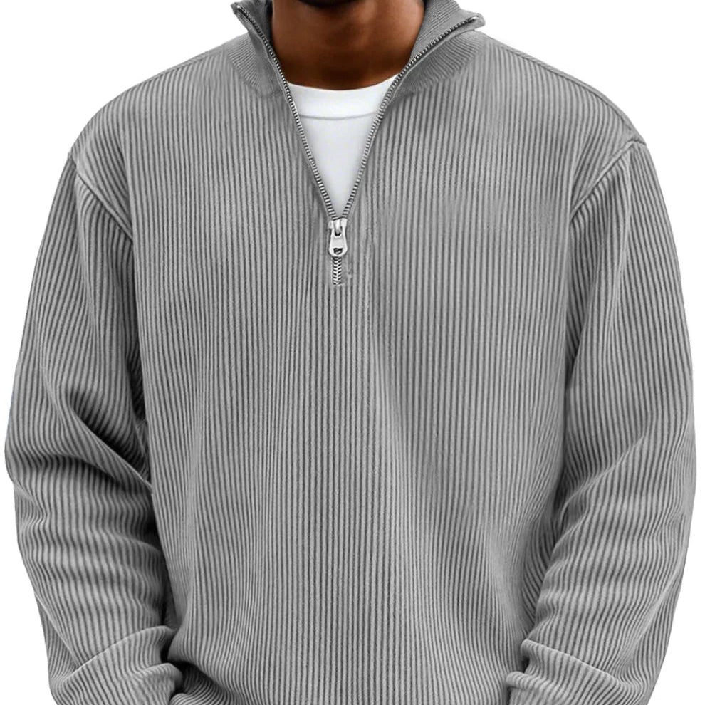 Half zip high neck textured knit sweater in gray