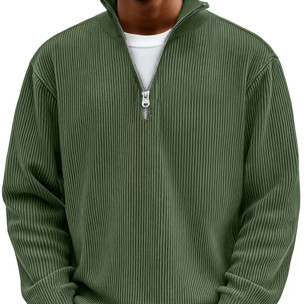 Half zip high neck textured knit sweater in olive green