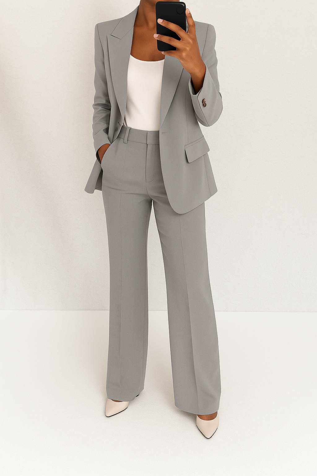 Tailored two piece blazer and pants set in gray