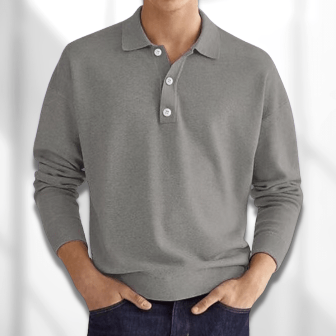 Fall Fine Knit Long Sleeve Button Polo Shirt for Men in Gray