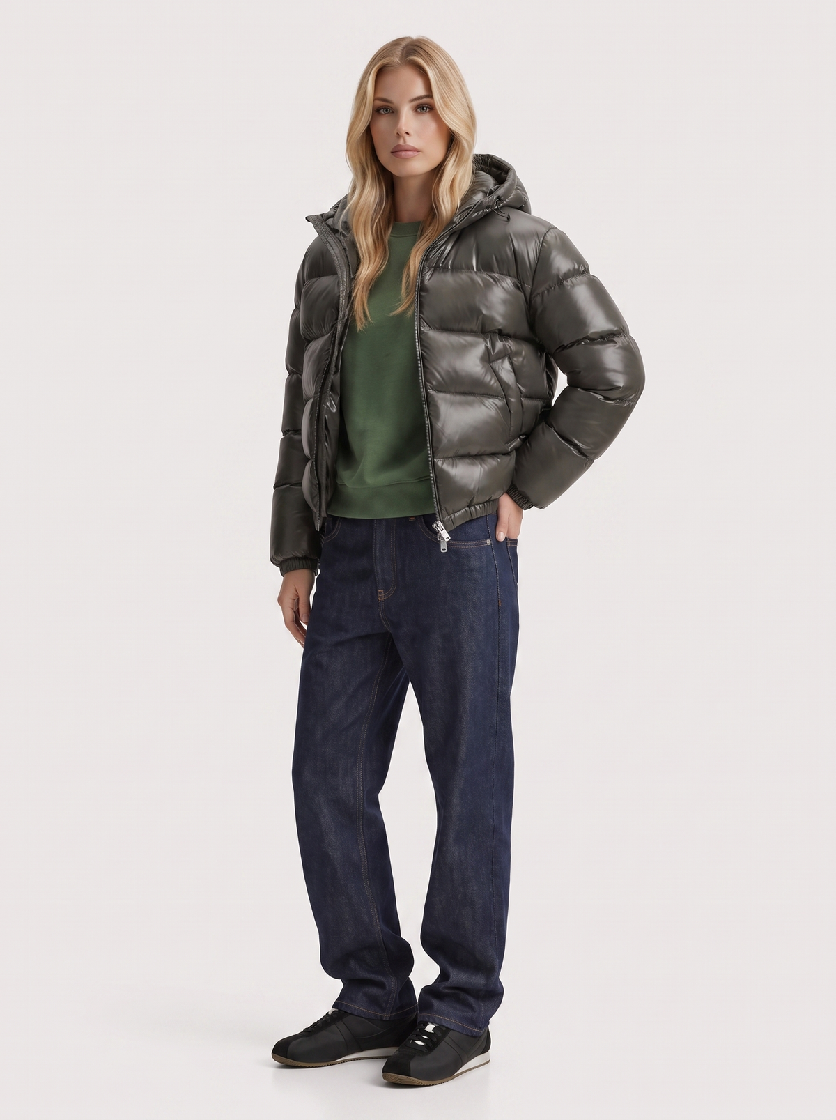 Puffer Jacket Womens Cropped Hooded Glossy Horizontal Quilted